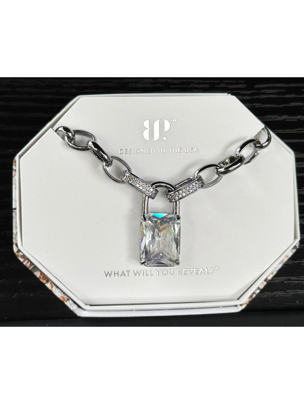 Bomb Party April Lock Necklace “Modern Muse” "Trend Maker" Clear Cz on Hematite